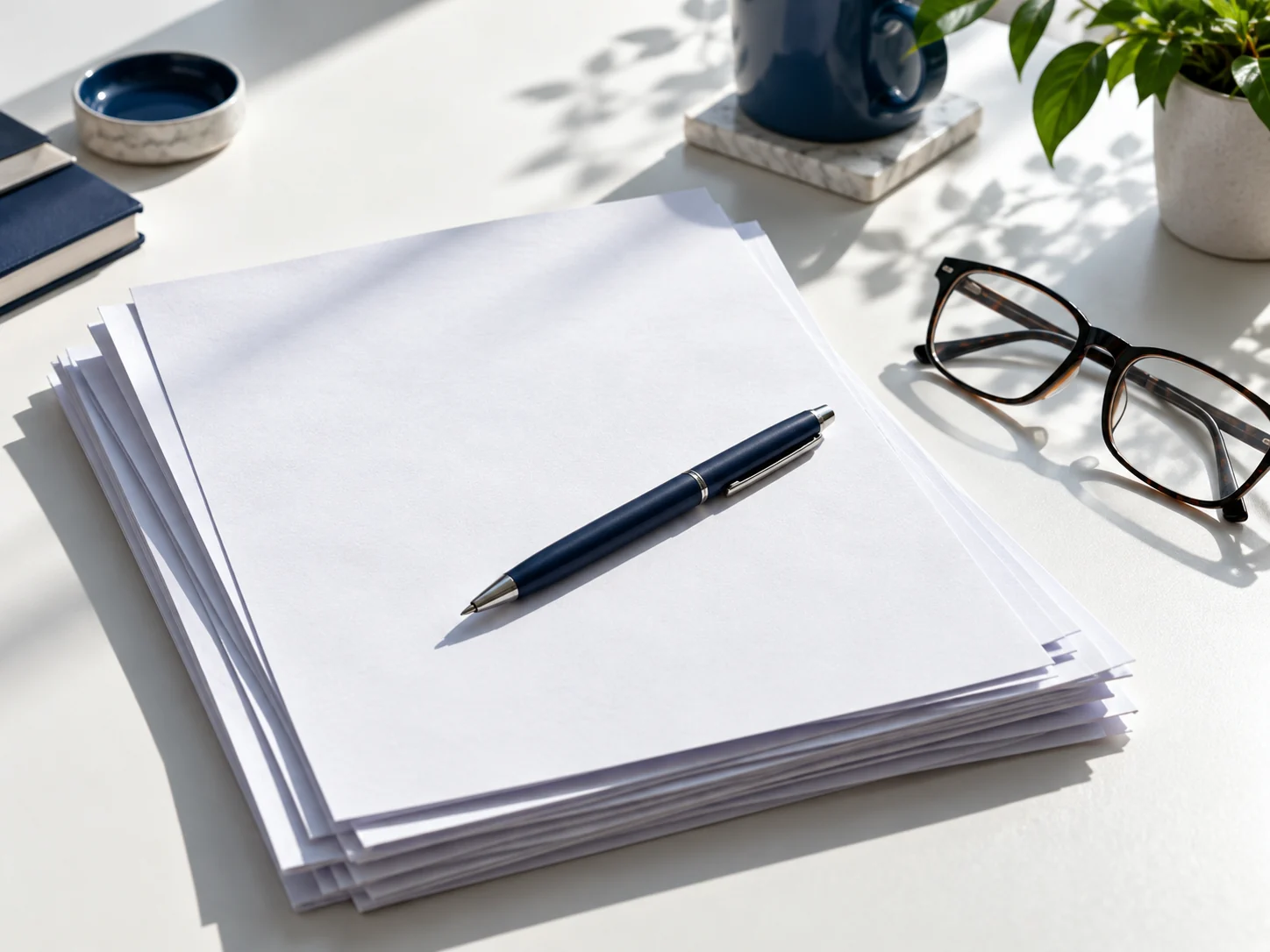 Illustrative image of blank documents, a pen and reading glasses on a desk.